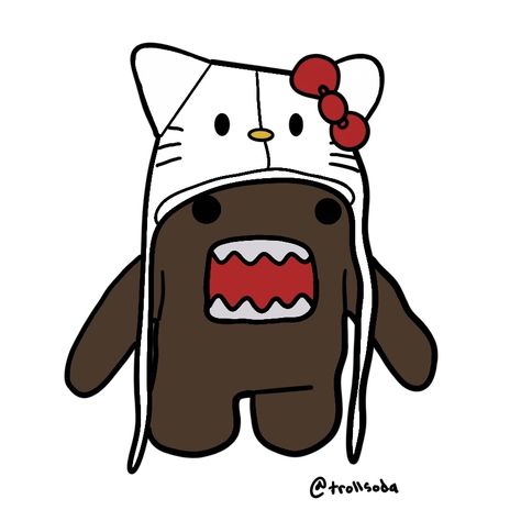 Insta @ trollsoda Domo X Hello Kitty, Domo Kun Drawing, Domo Cartoon, Domo Drawing, Domo Hello Kitty, Hello Kitty Hat, Cute Easy Doodles, Easy Doodles, Kitty Drawing