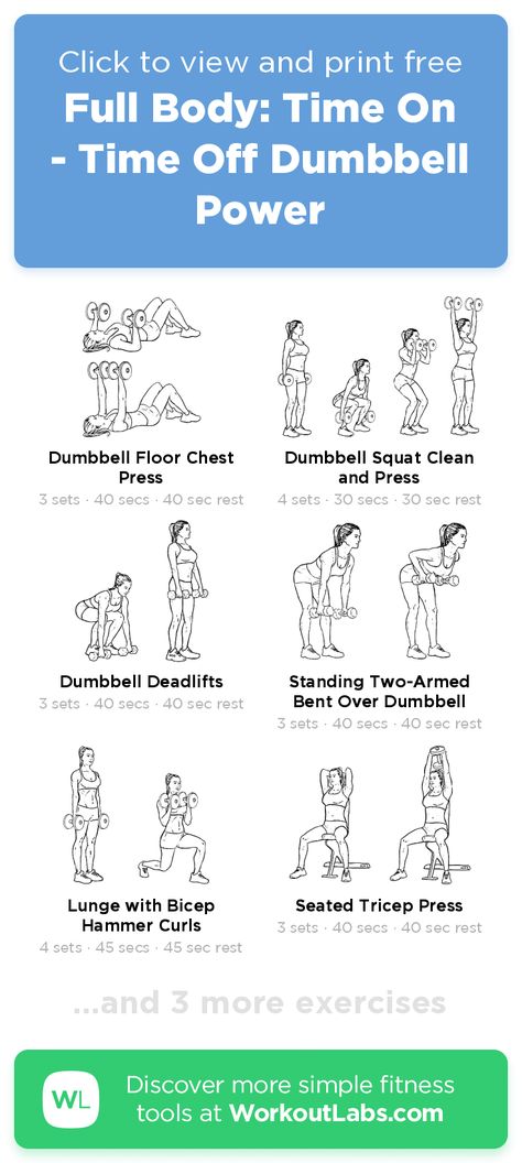 Free workout: Full Body: Time On - Time Off Dumbbell Power – 47-min arms, back, chest, legs exercise routine. Try it now or download as a printable PDF! Browse more training plans and create your own exercise programs with #WorkoutLabsFit · #ArmsWorkout #BackWorkout #ChestWorkout #LegsWorkout Dumbbell Only Workout, Workout Labs, Sunday Workout, Full Body Dumbbell Workout, Power Workout, Dumbell Workout, Full Body Workout At Home, Free Workout, Body Workout At Home