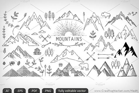 Mountains Handdrawn Doodle Vector by Nedti  on @creativemarket Drawn Mountains, Travel Doodles, Doodle Vector, Mountain Drawing, Mountain Illustration, Doodle Ideas, Drawing Clipart, Dot Journals, Bullet Journal Themes