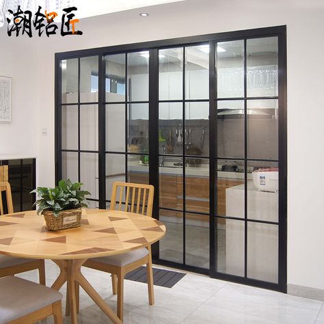 Black Fine border aluminum alloy balcony door bathroom door kitchen sliding door simple living room glass partition sliding door Kitchen Glass Partition Ideas, Glass Partition In Kitchen, Division Kitchen And Living Room, Sliding Door Kitchen Design, Room Partition Designs Sliding Door, Sliding Door Between Kitchen And Living Room, Glass Partition For Kitchen, Sliding Doors Kitchen Living Room, Glass Kitchen Door Ideas