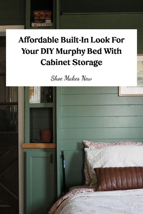 Affordable built-in Murphy bed with green cabinets and floral bedding. Built In Full Bed With Storage, Murphy Bed With Fireplace, Plywood Murphy Bed, Diy Murphy Bed With Storage, Murphy Bed Design Ideas, Murphy Bed Built In, Horizontal Queen Murphy Bed, Cheap Murphy Bed, King Murphy Bed