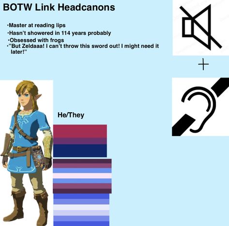 Flags (top to bottom): Bisexual, gender nonconforming, male #botw #link #legendofzelda #headcanons Gender Nonconforming Flag, Trans Link Botw, Link Headcanon, Trans Link, Prince Sidon, Botw Link, Link Botw, Gender Nonconforming, Gender Flags