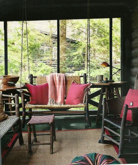 Peach Patio, a bit of girlish charm.. Interior Design Country, Old Hickory Furniture, Chic Cabin, Red Bench, Wood Cabin, Easy Fall Decor, Hickory Furniture, Log Cabin Decor, Rustic Chair