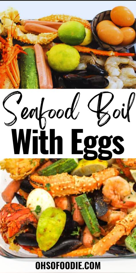 Text reads Seafood Boil With Eggs Eggs In Seafood Boil, Seafood Boil With Eggs Recipe, Crab Boil With Eggs, Seafood Boil With Eggs, Shrimp Boil With Eggs, Seafood Boil Eggs, Easy Seafood Boil, Crab Boil Recipe, Low Country Boil Recipe