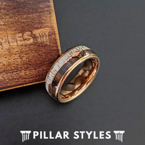 Cool Mens Wedding Bands, Mens Wedding Bands Hammered, Mens Silver Wedding Bands, Antler Rings, Antler Wedding Band, Rose Gold Tungsten Ring, Deer Antler Ring, Koa Wood Ring, Matching Couple Rings