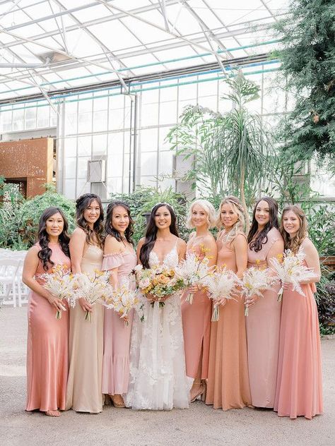 Blush bridesmaids Melon Color Dress, Dusty Salmon Bridesmaid Dresses, Blush Peach Bridesmaid Dresses, Peachy Orange Bridesmaid Dresses, Hawaiian Shirt Wedding Party, Pink And Orange Bridesmaids Dresses, Pink And Peach Bridesmaid Dresses, Dusty Coral And Blush Wedding, Peach Bridesmaids Dresses