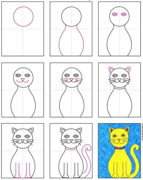 Elementary Crafts, Rock Drawing, Cat Face Drawing, Art Tut, Simple Cat Drawing, Cat Drawing Tutorial, Cat Collage, Cat Steps, Basic Sewing