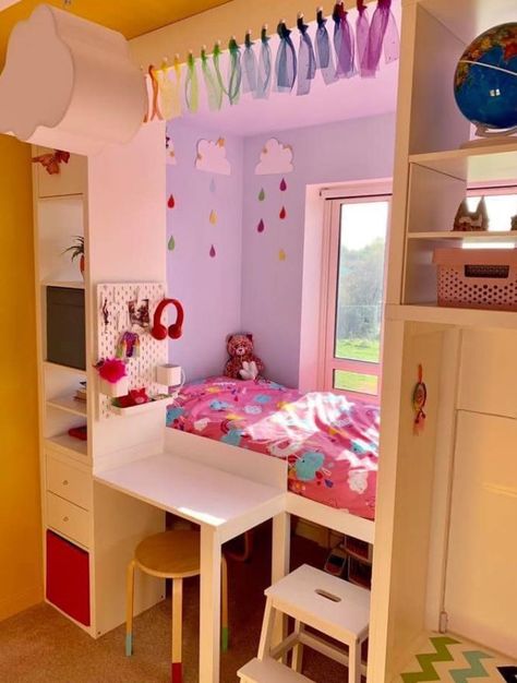 Mums are sharing their stunning Ikea hacks as they use the storage to make beds, desks and kids’ room dividers – The Sun Ikea Girls Bedroom, Ikea Girls Room, Girls Single Bed, Ikea Kids Bed, Kids Room Divider, Ikea Shelving Unit, Kids Single Beds, Ikea Kids Room, Bedroom Hacks