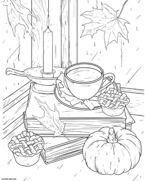 Halloween Coloring Books For Adults, Tiny World Coloring Pages, Cozy Coloring Pages For Adults, Cozy Fall Coloring Pages, Free Digital Coloring Pages, Adult Fall Coloring Pages, Fall Adult Coloring Pages, Printable Drawings To Paint, Watercolor Coloring Pages