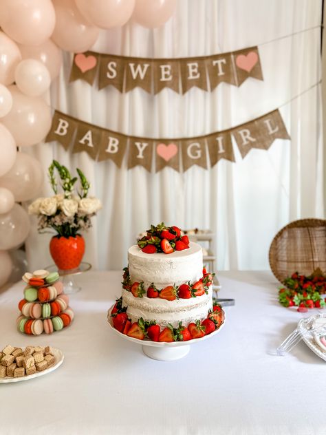 Strawberry Theme Baby Shower Cake, Strawberry Shortcake Baby Shower Cake, Baby Shower Strawberry Shortcake, Strawberry Themed Baby Shower Ideas, Girl Baby Shower Ideas Strawberry, Strawberry Baby Shower Theme, Berry Sweet Baby Shower Theme Food, Baby Girl Sprinkle, Strawberry Baby