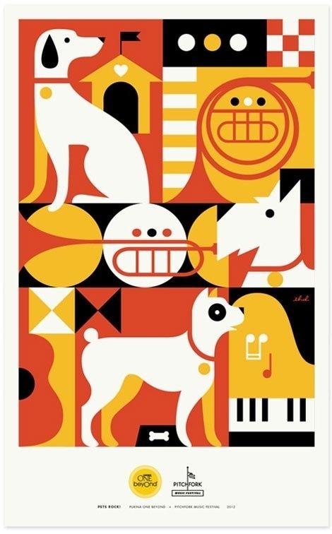 grain edit · Pets Rock Posters #illustration #geometric #music #dog #eight hour day #horn #piano #pets rock Purina One, Best Posters, Gig Poster, 카드 디자인, Rock Posters, Wow Art, Ui Inspiration, Dog Illustration, Festival Posters