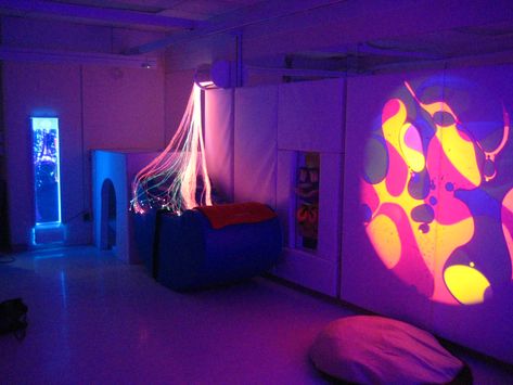 The lavender glow to this room is made from our LED lights. Dark Sensory Room, Visual Sensory, Calm Room, Calming Room, Paint Mixer, Sensory Therapy, Magical Room, Sensory Lights, Sensory Rooms