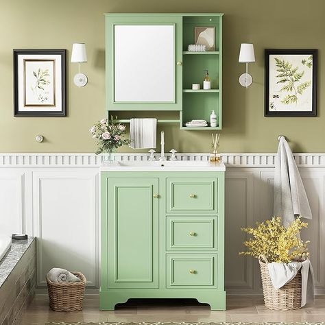 Amazon.com: Linique 30" Bathroom Vanity with Sink, Matching Mirror Medicine Cabinet Combo Set, Solid Wood Frame Modern Bathroom Storage Cabinet with 3 Drawers, Soft Closing Door and Adjustable Shelves,Green : Tools & Home Improvement 30 Inch Bathroom Vanity, 30 Bathroom Vanity, Accent Chests And Cabinets, Vanity Set With Mirror, Mirror Cabinet, Complete Bathrooms, Single Sink Bathroom Vanity, Bathroom Storage Cabinet, Bathroom Sink Vanity