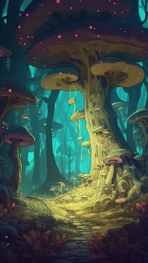 Faewild Forest, Magical Forest Sketch, Whimsical Forest Painting, Mushroom Forest Illustration, Fantasy Forest Illustration, Whimsical Mushroom Art, Magic Forest Painting, Whimsical Forest Art, Magic Forest Drawing