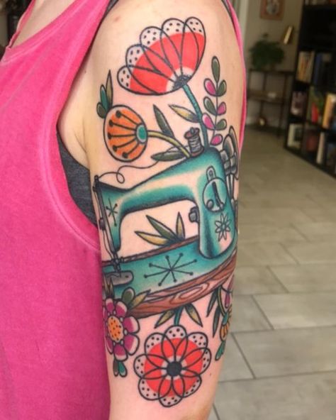 🗡JENNIFER TROK🗡 on Instagram: "Done at @deluxetattoochicago" Sewing Machine Tattoo, Sewing Tattoos, Knitting Tattoo, Vintage Sewing Kit, Pink Tattoo, Machine Tattoo, Sweet Tattoos, Lace Tattoo, Up Tattoos