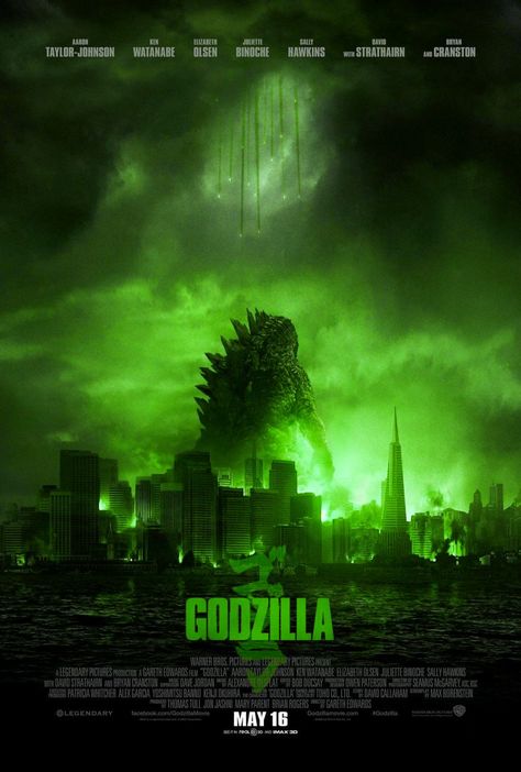 Official Godzilla 2014 Poster Color Variant Godzilla Movie, Monster Verse, Godzilla 2014, Legendary Pictures, Movies 2014, Juliette Binoche, Blond Amsterdam, Bryan Cranston, Aaron Taylor Johnson