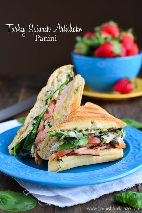 Turkey Spinach Artichoke Panini Artichoke Panini, Sandwich Bites, Cheesy Turkey, Turkey Spinach, Ciabatta Roll, Easy Sandwich Recipes, Healthy Cook Books, Quick Salads, Cold Sandwiches