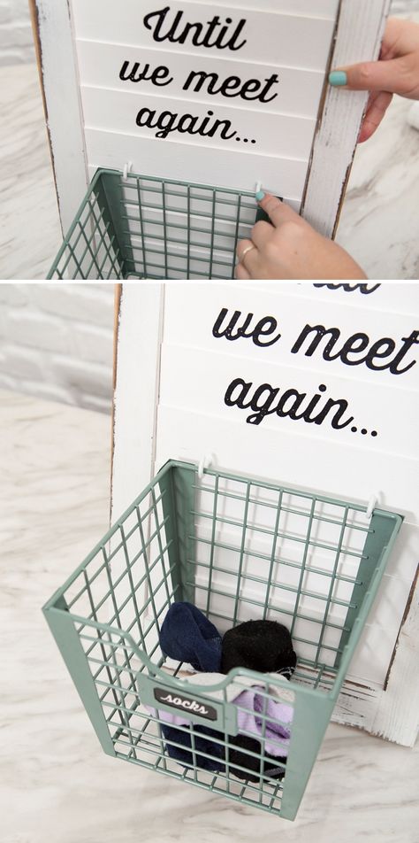 This DIY until we meet again, lost sock basket is adorable! Wall Sock Organizer, Laundry Room Sock Holder, Laundry Sock Organizer, Missing Socks Diy Ideas, Lost Socks Basket, Lost Socks Ideas, Lost Socks Sign Diy, Sock Basket, Lost Socks Sign