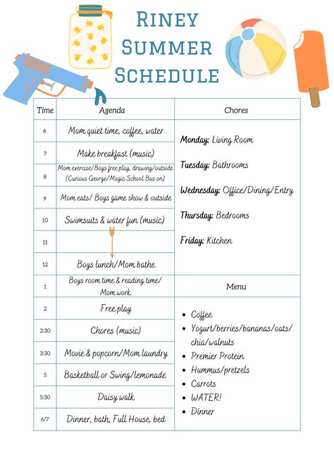 A fun summer schedule for ages 4, 6, and 7 (Plus mom's menu) Summer Schedule For Kids 8-10, Summer Schedule For Kids, Kid Chores, Kids Summer Schedule, Kids Chore Chart Printable, Production Manager, Mom Things, Toddler Homeschool, Summer Schedule