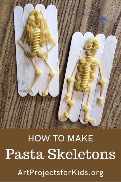 Body Art Project, Easy Art Projects For Kids Summer, Kids Halloween Art Projects, Pasta Art For Kids, Food Projects For Kids, Pasta Crafts For Kids, Pasta Skeleton, Skeleton Art Projects, Halloween Projects For Kids