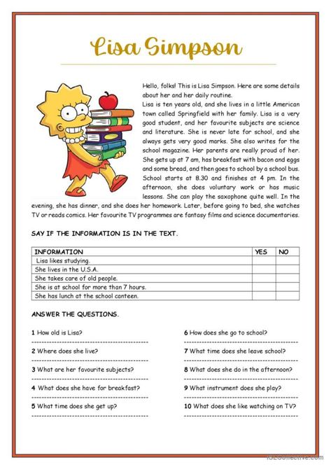 An easy reading comprehension activity. Students must read a short passage about Lisa Simpson and fill in the grid as requested. They must also answer some questions. Easy Comprehension Worksheets, English Writing Practice, Back To School Art Activity, 12 Tenses, Interrogative Pronouns, Writing Comprehension, Reading Comprehension For Kids, Back To School Worksheets, Tech Lab