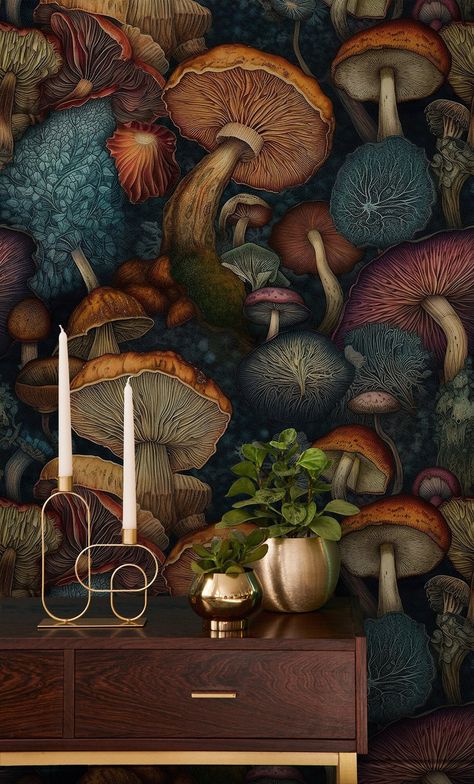 Dark Vintage Mushroom Wallpaper Wall Decor Home Renovation Wall Art Peel and Stick or Non Self-adhesive Vinyl Wallpaper - Etsy Ireland Living Room Designs Wallpaper, Bookshelves With Wallpaper, Dark Rustic Home Decor, Wallpaper Large Print, Vintage Mushroom Wallpaper, Mushroom Interior, Nature Wallpaper Home, Unique Wall Ideas, Vintage Kitchen Wall Decor