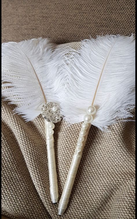 Ostrich feathers pearls and diamontes for set of Nikaah pens made to order. Nikah Pen Decoration Ideas, Nikah Pen, Modern Easter Decor, Wedding Pen, Modern Easter, Floral Mirror, Mandap Decor, Pen Diy, Wedding Crafts Diy