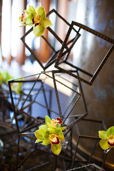 Tribeca Rooftop, Orchid Centerpiece, Soft Flowers, Orchid Centerpieces, Modern Centerpieces, Rooftop Wedding, Geometric Wedding, Unique Shapes, Geometric Decor