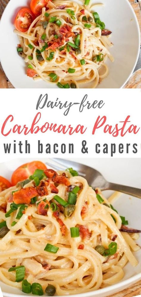 Dairy Free Carbonara pasta recipe made with coconut milk instead of cream. Healthier and lighter in calories without sacrificing the flavor! Ready in 30 mins #dinner #dairyfree #carbonara #pasta #easyrecipes Dairy Free Carbonara, Carbonara Pasta Recipe, Cajun Pasta Recipes, Wheat Pasta Recipes, Bacon Carbonara, Pasta With Bacon, Pasta Carbonara Recipe, Chicken Carbonara, Dairy Free Pasta