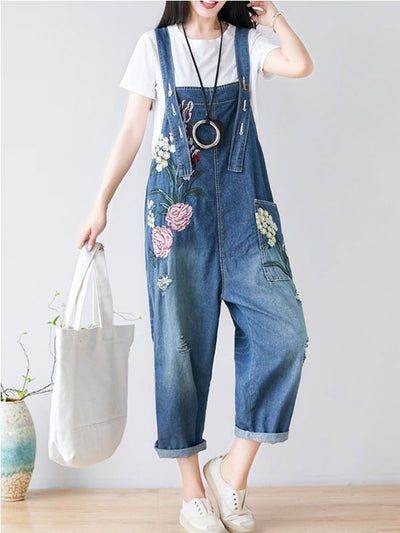 Womens Denim Jumpsuit, Denim Jumpsuits, Spring Denim, Loose Jumpsuit, Jumpsuit Online, Floral Denim, Embroidered Denim, Flower Embroidery, Denim Jumpsuit