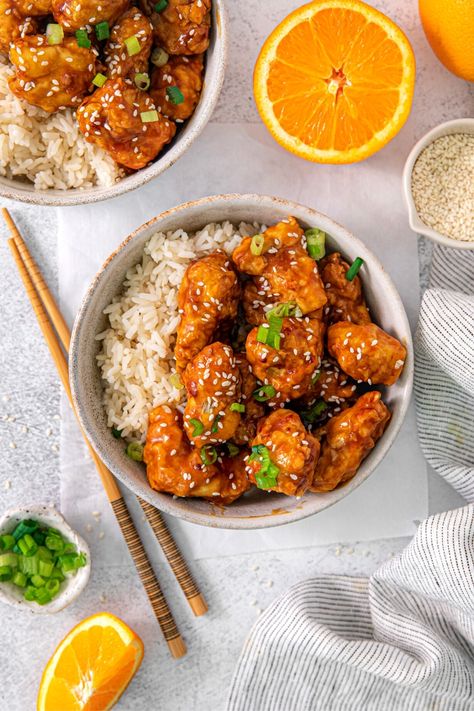 Air fryer orange chicken is better than Chinese takeout. The breaded pieces, tender and crisp, are coated in a sweet/savory orange sauce. Boudin Kolache, Orange Chicken And Rice, Copycat Cinnabon Recipe, Air Fryer Orange Chicken, Copycat Cinnabon, Cinnabon Recipe, Kolache Recipe, Asian Salad Recipe, Food Collage