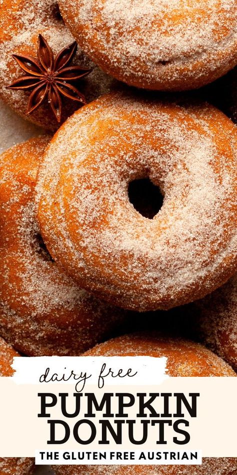 Indulge in the cozy flavors of fall with these Baked Pumpkin Donuts! Perfectly spiced with cinnamon, nutmeg, and ginger, these fluffy donuts are baked, not fried, making them a healthier treat to enjoy any time. Whether for breakfast, dessert, or a festive snack, they bring the warmth of autumn straight to your kitchen. Easy to make and irresistibly delicious, these donuts are sure to be a hit! Vegan Gluten Free Autumn Recipes, Gluten Free Dairy Free Recipes Dinner, Fall Hygge, Gluten Free Pumpkin Recipes, Gf Sweets, Allergy Recipes, Sourdough Recipe, Pumpkin Spice Donut, Gf Baking