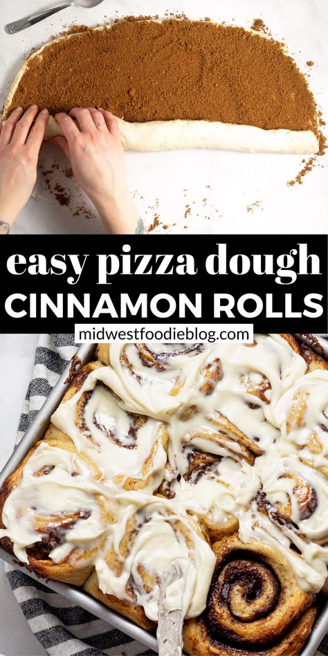 Refrigerated pizza dough makes these cinnamon rolls easy to prepare in just 15 minutes! Let the sweet smell of homemade cinnamon rolls fill your kitchen this weekend. Pizza Dough Cinnamon Rolls, Easy Cinnamon Rolls, Pizza Buffet, Cinnamon Rolls With Cream Cheese, Cinnamon Rolls With Cream, Refrigerated Pizza Dough, Rolls Easy, Pasta Per Pizza, Easy Pizza Dough