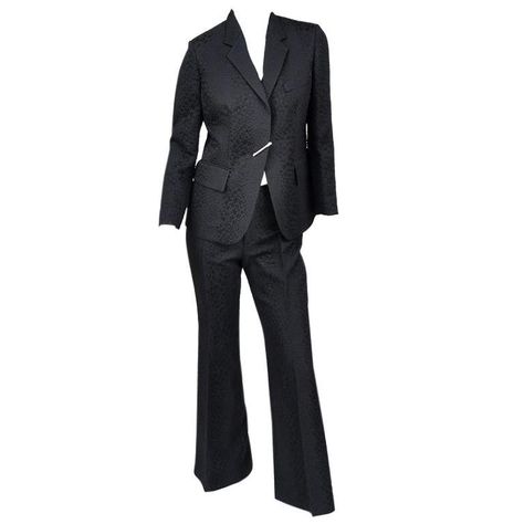 S/S 2000 Vintage Tom Ford for Gucci Crocodile textured Pant Suit with Pin | From a unique collection of rare vintage Trouser Pant Suits at https://www.1stdibs.com/fashion/clothing/suits-outfits-ensembles/trouser-pant-suits/. Vintage Tom Ford, Black Silk Jumpsuit, Tom Ford For Gucci, Silk Pant Suit, Tom Ford Gucci, Suit Pin, Peplum Blazer, Pant Suits, Vintage Trousers