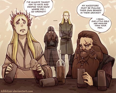 Thranduil, Gloin, Gimli and Legolas. Artwork by kibbitzer. Legolas And Gimli, Legolas And Thranduil, Lotr Funny, Into The West, Lotr Art, Thranduil, Jrr Tolkien, Legolas, Dragon Age