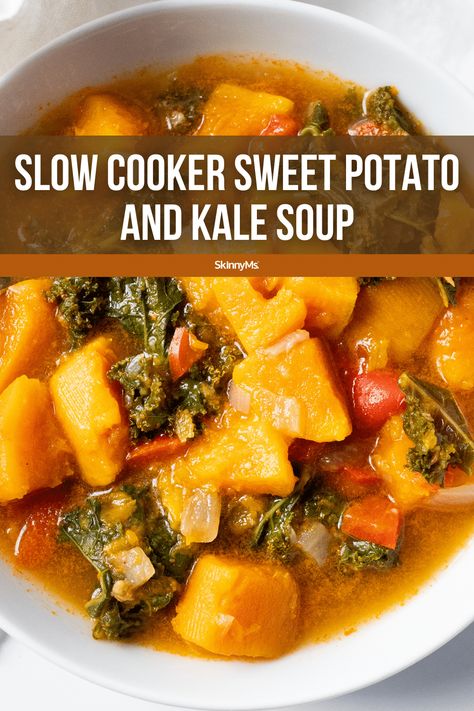 Slow Cooker Sweet Potato and Kale Soup Kale Sweet Potato Soup, Potato And Kale Soup, Healthy Hearty Soup, Sweet Potato And Kale, Bland Diet Recipes, Slow Cooker Soups, Slow Cooker Sweet Potatoes, Diet Soup Recipes, Sweet Potato Kale