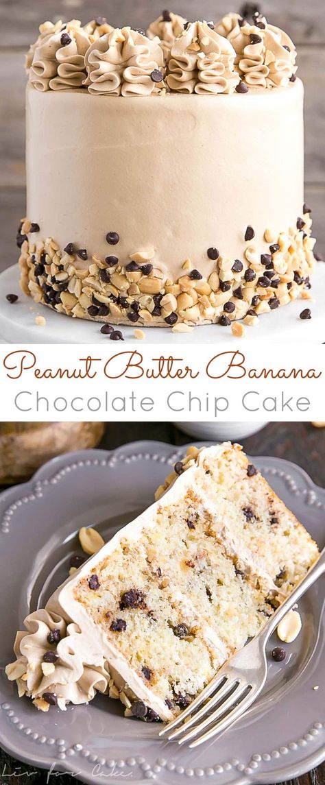 This Banana Chocolate Chip cake is paired with the most amazing peanut butter frosting you will ever have! It's a truly delicious flavor combination and a new favorite. | livforcake.com Banana Chocolate Chip Cake, Chocolate Chip Cake, Peanut Butter Frosting, Butter Frosting, Best Cake Recipes, Banana Chocolate, Banana Chocolate Chip, Peanut Butter Banana, Banana Cake