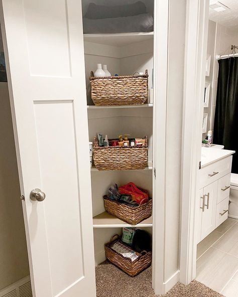 Hidden Linen Closet, Corner Linen Closet, Hallway Linen Closet, Corner Hallway, Linen Closet Organization, Bedroom Organization, Small Closet, Small Corner, Home Diy Ideas