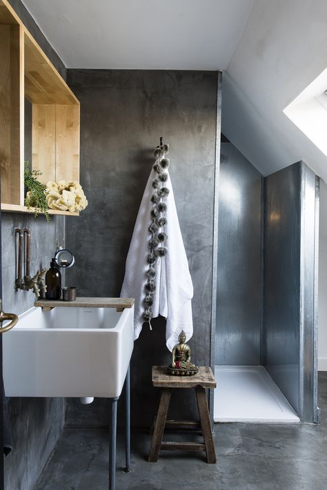 The shower enclosure in the downstairs bathroom is made from galvanised steel. The walls and floor are concrete screed Sea Villa, Blue Tile Wall, Bathroom Mirror With Shelf, Bathroom Big, Mid Century Modern Bathroom, Christmas House Lights, Bathroom Inspiration Modern, Country Bathroom, Bohemian House