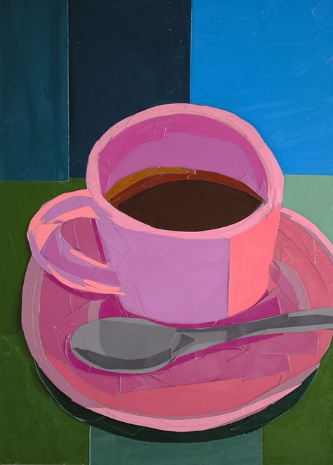 Pink Coffee Cup, Pink Coffee Cups, 심플한 그림, Coffee Cup Art, Pink Coffee, Cup Art, Arte Sketchbook, Original Collage, Art Inspiration Painting