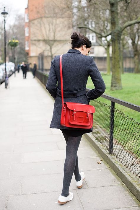 I would love to own a Cambridge satchel in red. A large one would be ideal (with my name - Emma Jayne, engraved on it), so that I could store my books and folders for when I go to university. Satchel Outfit, Hot Pink Bag, Grey Tights, Bright Bag, Vanessa Jackman, Red Satchel, London Fashion Weeks, Red Backpack, Prep Style