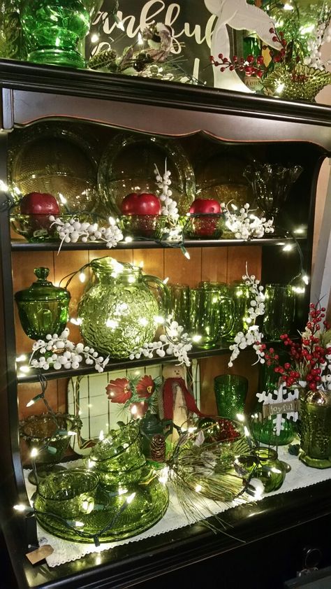 Green Glass Display, Christmas China Display, Christmas Collection Display, Christmas Hutch Decor, Vintage Glass Display, Christmas Booth, Christmas Tables, China Cupboard, Christmas Traditional