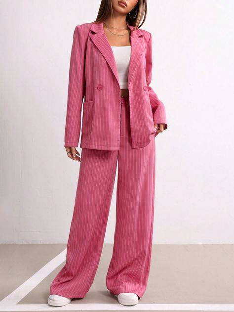 Striped Loose Blazer Jacket & Wide Leg Pants Women Suit Set, Casual Pink Elegant    Plain  Non-Stretch  Women Clothing, size features are:Bust: ,Length: ,Sleeve Length: Women Pink Suit, Pink Suits Women, Pink Pantsuit, Wide Leg Pants Women, Rose Bonbon, Pink Suit, Pantalon Large, Suit Set, Pants Women