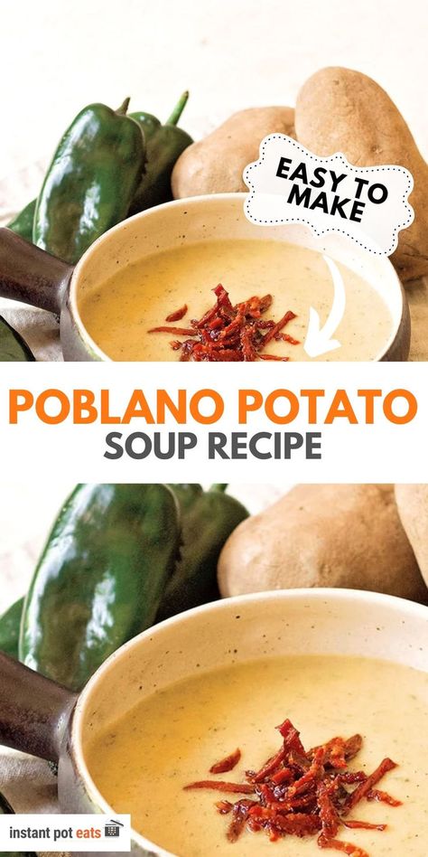 Poblano Potato Soup Recipe Instant Pot Potato Soup, Poblano Soup, Creamy Mash, Poblano Peppers, Hearty Casseroles, Pureed Soup, Leek Soup, Potato Soup Recipe, Stuffed Poblano Peppers