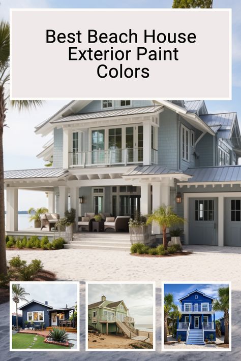 Ready to give your beach house a fresh new look? Explore these resilient exterior paint colors perfect for withstanding the elements while adding style and charm to your coastal home. #BeachHouseRenovation #ExteriorPaint Stucco Coastal Exterior, Cream Beach House Exterior, Dark Grey Beach House Exterior, Low Country Paint Colors, Lake House Exterior Paint Colors Coastal, Calming Exterior House Colors, Silver Strand Exterior House, Sherwin Williams Topsail Exterior, Modern Beach House Exterior Colors