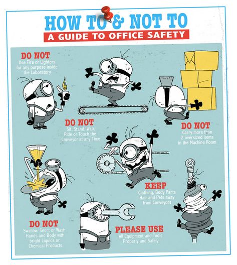 How to and Not To, A Guide to Office Safety | Despicable Me 2 Behind the Goggles Lab Safety Poster, Driving Memes, Safety Meeting, Office Safety, Health And Safety Poster, Office Training, Safety Poster, Safety Message, Lab Safety