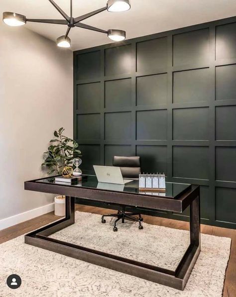 Dark Green Panelling Office, Green And Black Office Design, Dark Bedroom Office, Office With Feature Wall, Man Office Accent Wall, Gray Green Office Walls, Home Office Ideas Dark Green Walls, Green Panelling Office, Office Green Accent Wall