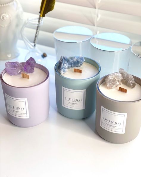 Aesthetic Candle Business, Candles With Crystals In Them, How To Make Crystal Candles, Scented Candle Packaging, Crystal Packaging, Candles Business, Candles With Crystals, Business Candle, Candle With Crystals