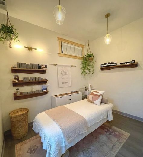 Ikea Massage Room, Massage Room Decoration, Massage Room Storage, Simple Massage Room Ideas, Earth Tone Esthetician Room, Reflexology Room Decor, Massage Office Design, Natural Spa Decor, Cozy Massage Room Ideas