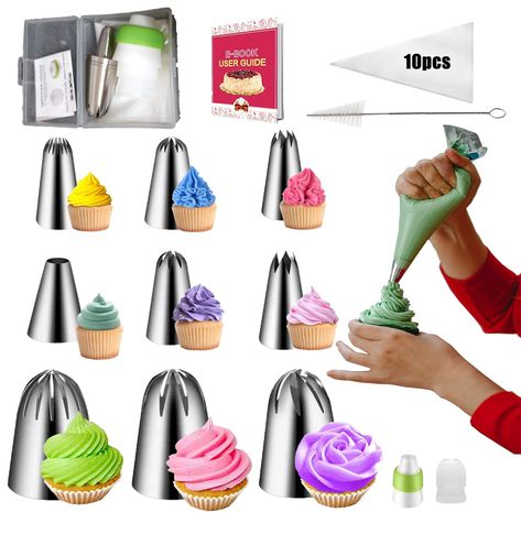 PRICES MAY VARY. 🍰[ 304 Stainless Steel Materials ] - : All accessories is made of high-quality safe food-grade kitchen materials, not rust , more durable, sturdy and reusable, safe for family cake making, adults and kids are applicative. 🍰[ Professional Piping Nozzles Set ] - : This piping tips kit is well prepared to start your baking! 3 numbered X-Large icing tips, 6 numbered Medium Icing Tips,10 piping bags, 2 couplers, a clean brush, a storage box. Easy to complete the desired icing swirl Kitchen Materials, Cupcake Piping, Piping Nozzles, Family Cake, Cupcake Cake Designs, Frosting Tips, Icing Tips, Cake Decorating Kits, Piping Icing